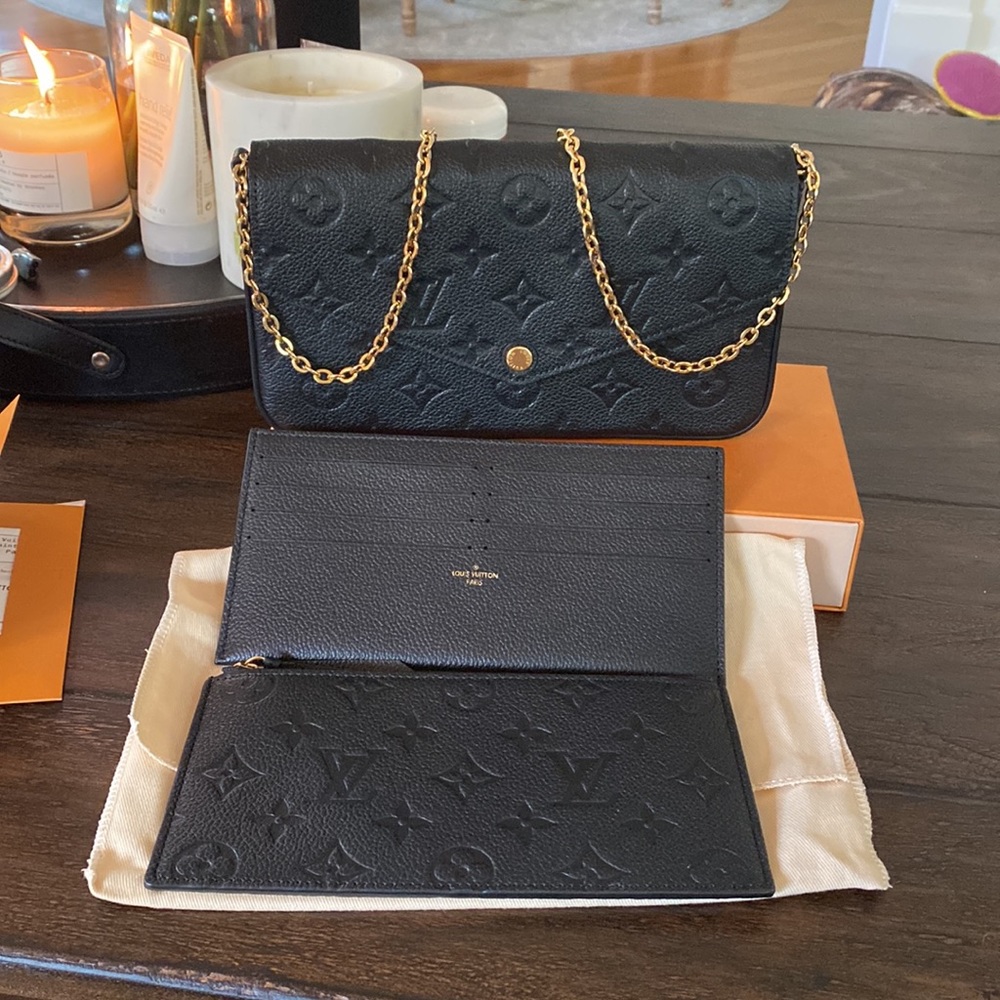 Authentic Louis Vuitton Félice Pochette Bag in black leather with black monogram